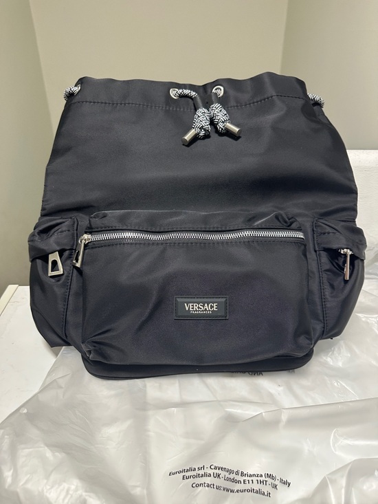 Versace Handbags - Versace Black Drawstring Backpack with Front Zip Pocket